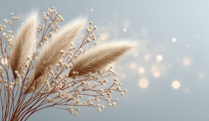 Delicate arrangement of dried pampas grass and small flowers.