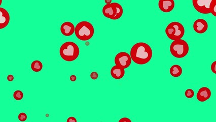 Red heart icons floating on a bright green background abstract animation