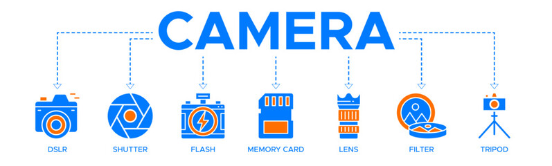Camera banner web icon vector illustration concept with icons of DSLR, shutter, flash, memory card, lens, filter, tripod