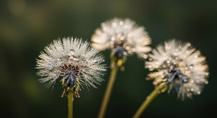 Fototapeta premium Delicate dandelion heads, morning dew