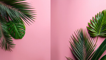 collection of tropical palm leaves arranged on pink background with fresh and natural vibe
