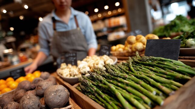 &Eacute;tal de l&eacute;gumes frais avec asperges et pommes de terre dans une &eacute;picerie