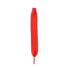 Single vibrant red shoe lace with textured fabric, isolated on white background