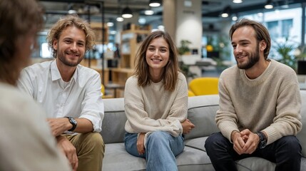 Trois jeunes professionnels souriants assis sur un canapé gris