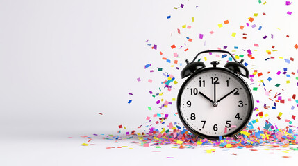 Classic alarm clock surrounded by colorful confetti, symbolizing celebration and time. This captures festive atmosphere, perfect for events