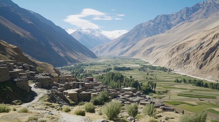High-altitude valley with ancient village nestled in a mountain pass