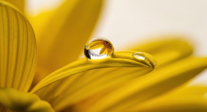 Delicate dewdrop on a vibrant yellow flower petal. A close-up captures the glistening water droplet perched on a petal,