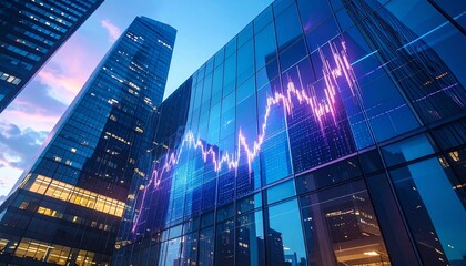 Financial Graph Overlay on Modern Glass Skyscrapers at Dusk