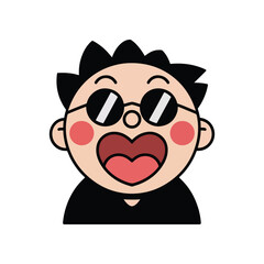 Funny cartoon character face with sunglasses and a big open mouth. A cool and excited boy with a heart-shaped tongue vector illustration.