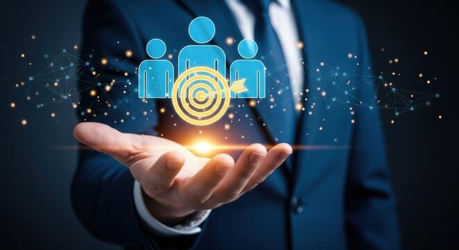 A businessman presents a target audience concept, with icons of people and a bullseye, held in his open palm