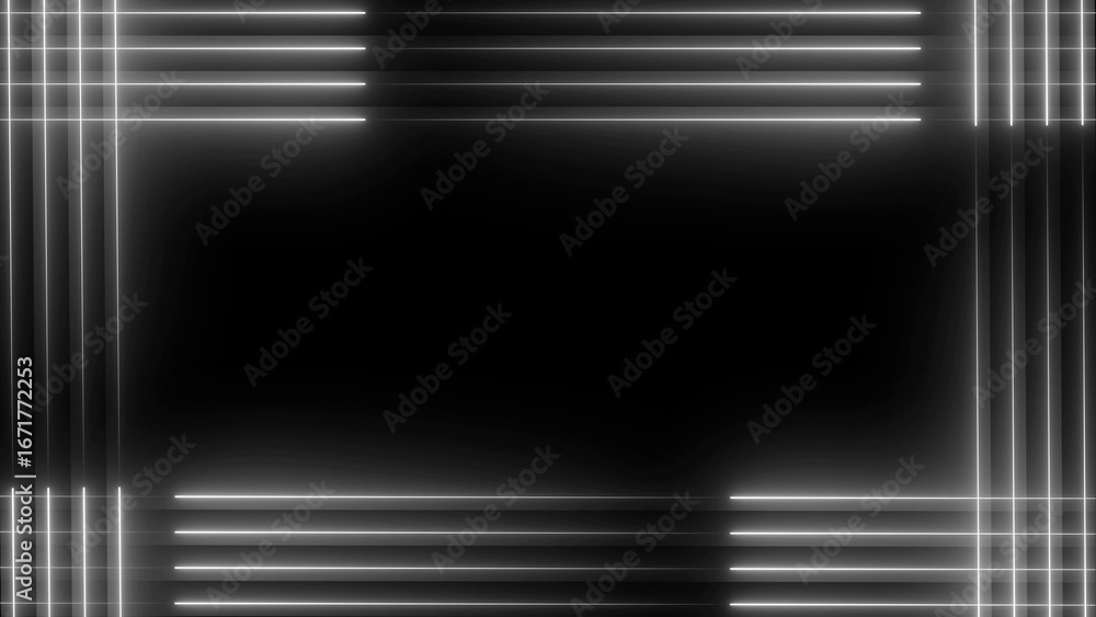 Poster white neon light frame with horizontal and vertical lines on black background abstract border