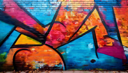 colorful graffiti mural featuring abstract shapes on a brick wall in an urban setting generative ai