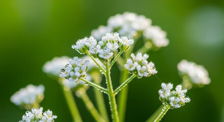 Closeup of delicate white wildflowers with dew drops, backlit by the sun in a lush green meadow