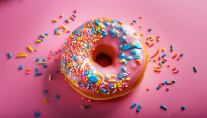 colorful donut on pink background with sprinkles highlighting its playful design and inviting appearance