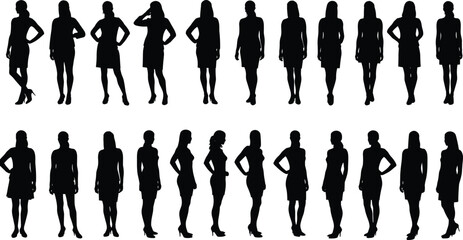 Silhouette of multiple women standing in different poses, female models illustration, fashion figure collection, woman body shape vector design