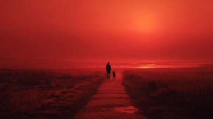 Fototapeta premium Crimson walk: Silhouetted figure and dog walking along a path, bathed in the intense red of sunset, creating a serene and solitary moment.