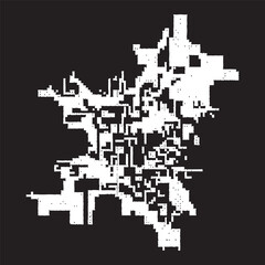 An abstract monochrome graphic of a fragmented or pixelated city map. A futuristic and complex digital network or urban layout vector illustration.