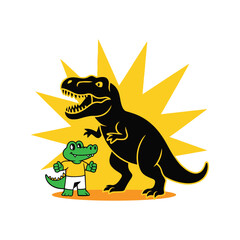 A brave little cartoon alligator character standing in front of a giant roaring T-Rex dinosaur silhouette. A concept of courage and facing fears vector illustration.