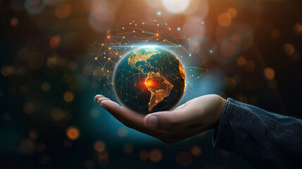 Fototapeta premium Man hand holding digital Earth planet representing global technologies concept