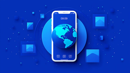 Modern smartphone displaying earth globe and abstract shapes technology blue