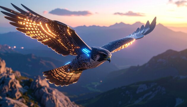 Futuristic Falcon Soaring Over Mountain Range at Sunset with Glowing Accents