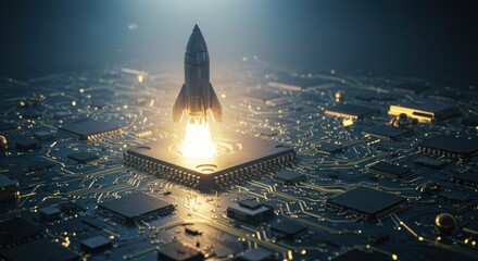 Rocket launching from a platform surrounded by circuit board elements glowing.