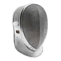 A close up view of a fencing mask with a metal mesh visor and white leather neck protection on black