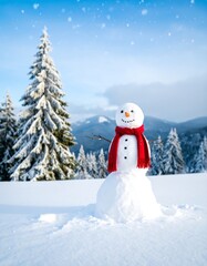 Obraz premium A joyful snowman stands amidst a winter wonderland, a red scarf adding a touch of warmth to the frosty scene.