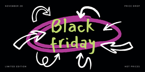 Black Friday handwritten text in green surrounded by pink oval and multiple white arrows on black background. Limited edition and price drop theme. Vector illustration for web, promo, banner.