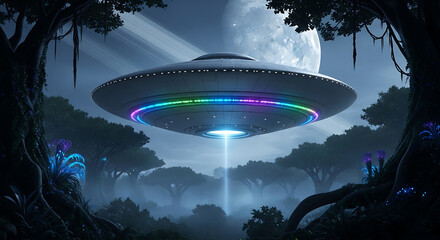 Illuminated UFO Hovering Above Forest, Moonlit Night, Beam of Light, Sci-Fi Scene.