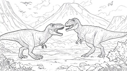 Two Tyrannosaurus Rex dinosaurs facing each other in a prehistoric landscape