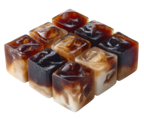 Coffee ice cubes for refreshing drinks and summer enjoyment on a transparent background, cut out.