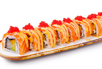 Colorful sushi roll garnished with toppings on a white platter