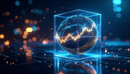 Glowing Data Sphere in Cube with Financial Chart, Abstract Tech Background