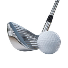A close up view of a golf club head positioned next to a white golf ball on a black background