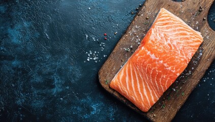 Raw salmon fillet on a wooden cutting board.