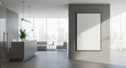Modern office reception area with blank poster frame and large windows.