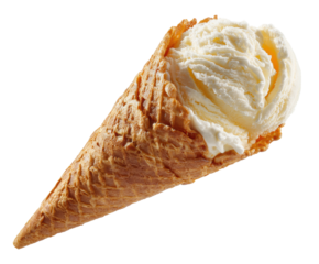Delicious ice cream cone with creamy vanilla ice cream on a transparent background, cut out.