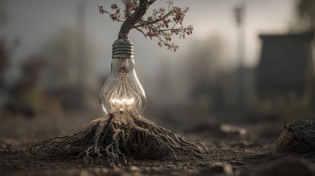 Innovative energy source: A lightbulb sprouts into a tree, symbolizing growth and innovation in the renewable energy sector.