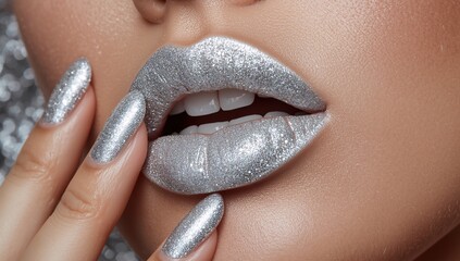 Close-up of woman lips coated in shimmering metallic silver lipstick, paired with matching silver glitter nails