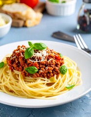 Delicious plate of spaghetti bolognese with a rich meat sauce.
