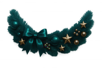 Festive christmas garland with teal bow, gold stars, and turquoise ornaments, perfect for holiday projects, on a transparent background