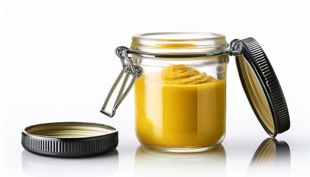 small open glass jar containing yellow paste like filler with some of the filler also present on the inside of the lid isolated on transparent background - Powered by Adobe