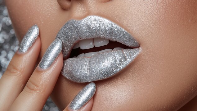Close-up of woman lips coated in shimmering metallic silver lipstick, paired with matching silver glitter nails