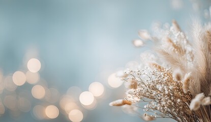 A bouquet of dried, light beige and white flowers against a soft, muted blue background.