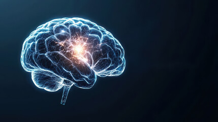 Glowing brain illustration with neural connections, representing intelligence and creativity, set against dark background