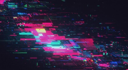 Abstract digital art with vibrant pink blue and green colors on dark background.