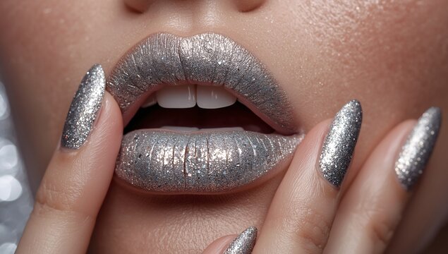 Close-up of lips coated in metallic silver glitter lipstick, paired with matching silver glitter nails