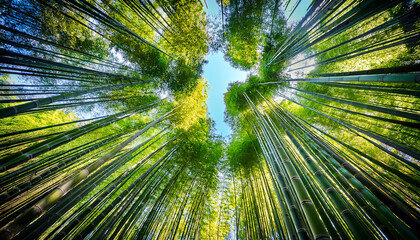 bamboo forest perspective an upward perspective of a lush bamboo forest showcasing tall slender bamboo stalks reaching towards the bright blue sky the scene is filled with the fresh
