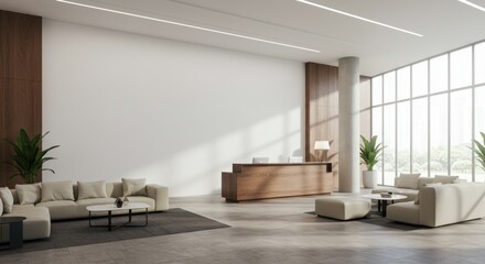 Fototapeta premium Modern office lobby with seating area reception desk and large windows.